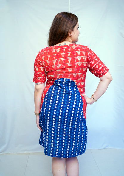Red Dabu Handblock Printed Cotton Knee-Length Dress | Rooh E Azah