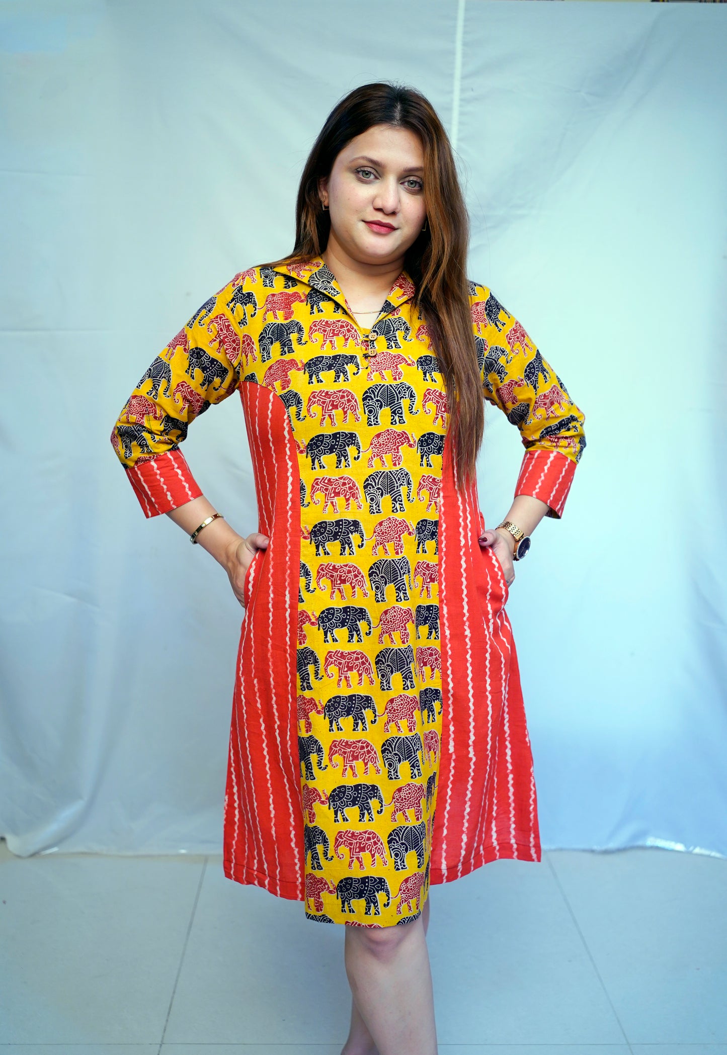 Yellow Kalamkari Handblock Printed Cotton Knee-Length Dress | Rooh E Azah