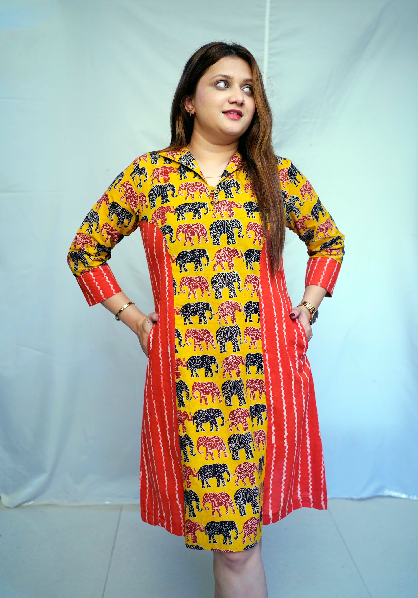 Yellow Kalamkari Handblock Printed Cotton Knee-Length Dress | Rooh E Azah