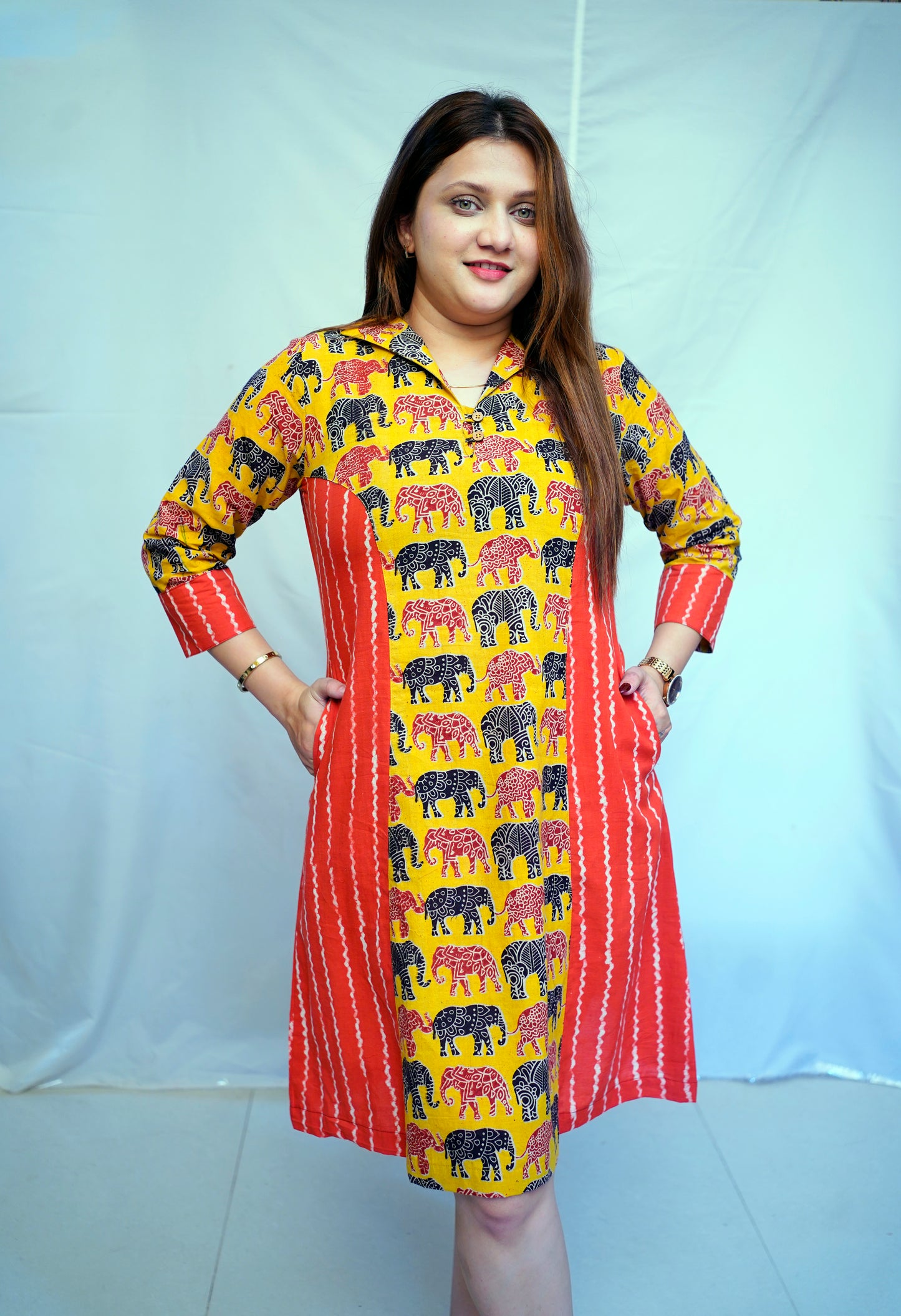 Yellow Kalamkari Handblock Printed Cotton Knee-Length Dress | Rooh E Azah