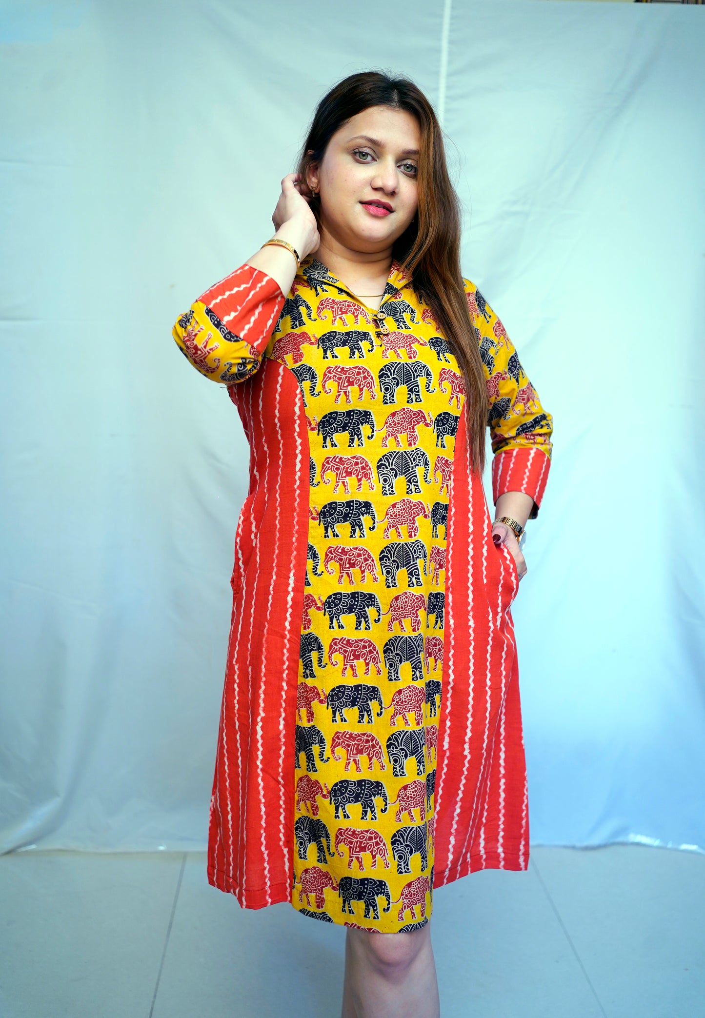 Yellow Kalamkari Handblock Printed Cotton Knee-Length Dress | Rooh E Azah