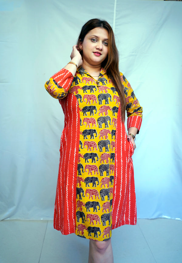 Yellow Kalamkari Handblock Printed Cotton Knee-Length Dress | Rooh E Azah
