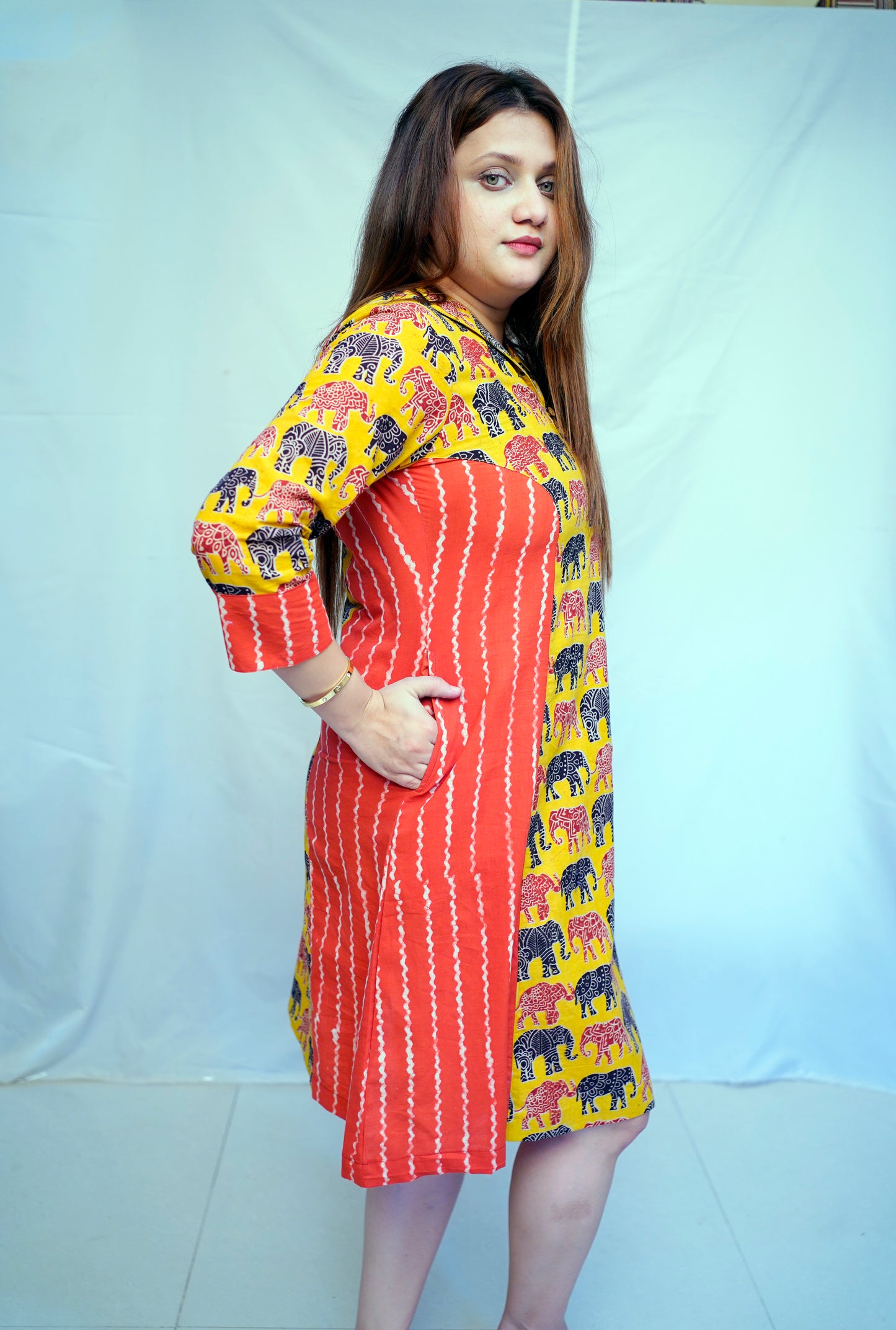 Yellow Kalamkari Handblock Printed Cotton Knee-Length Dress | Rooh E Azah