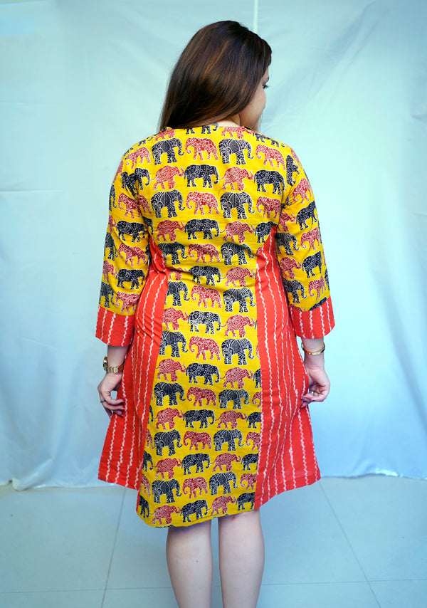 Yellow Kalamkari Handblock Printed Cotton Knee-Length Dress | Rooh E Azah