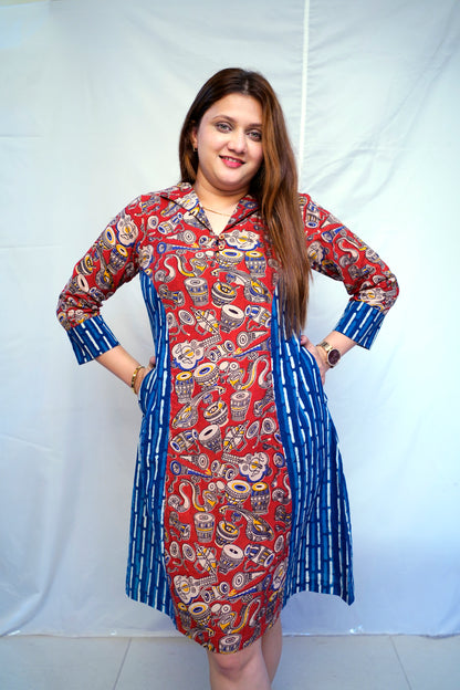 Rooh E Azah Red Kalamkari Handblock  Printed Cotton Knee-Length Dress