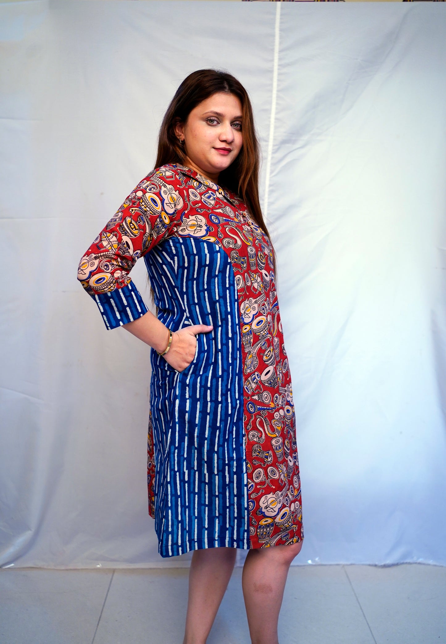 Rooh E Azah Red Kalamkari Handblock  Printed Cotton Knee-Length Dress