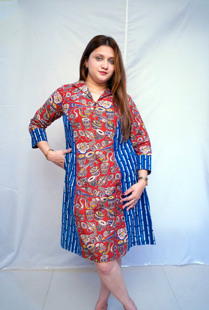 Rooh E Azah Red Kalamkari Handblock  Printed Cotton Knee-Length Dress