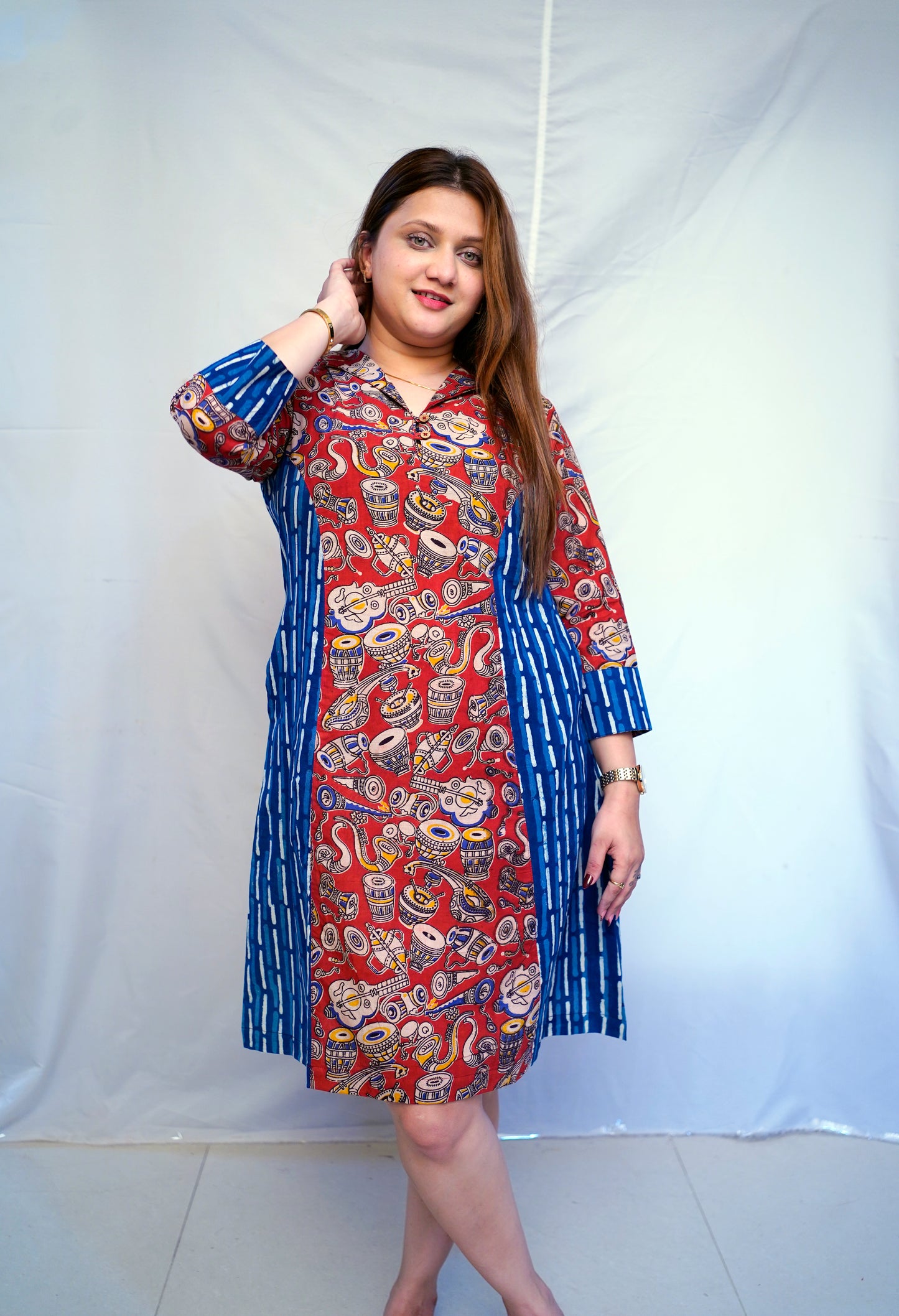 Rooh E Azah Red Kalamkari Handblock  Printed Cotton Knee-Length Dress