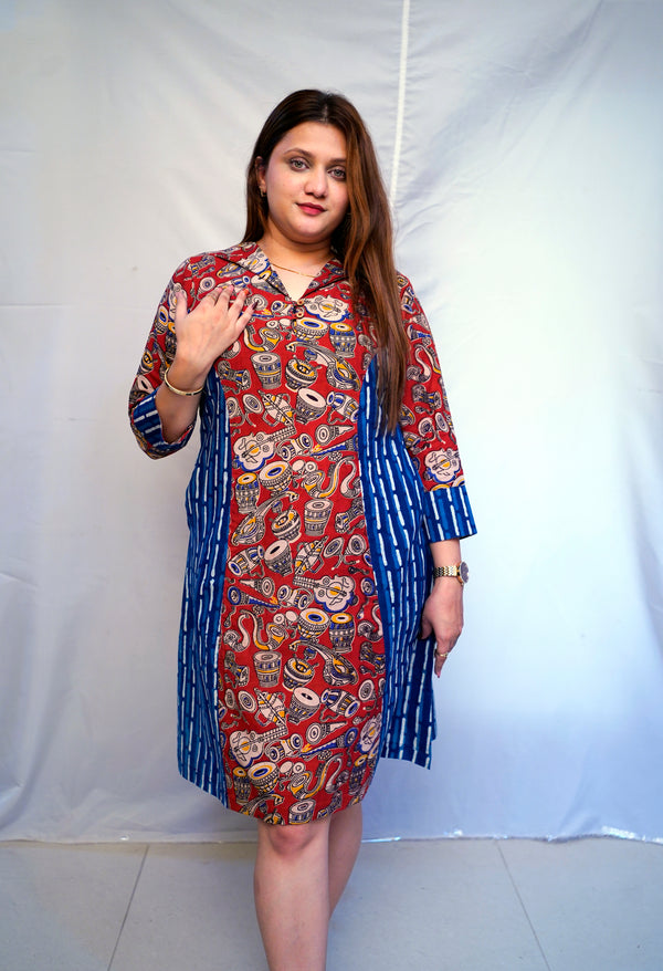 Rooh E Azah Red Kalamkari Handblock  Printed Cotton Knee-Length Dress