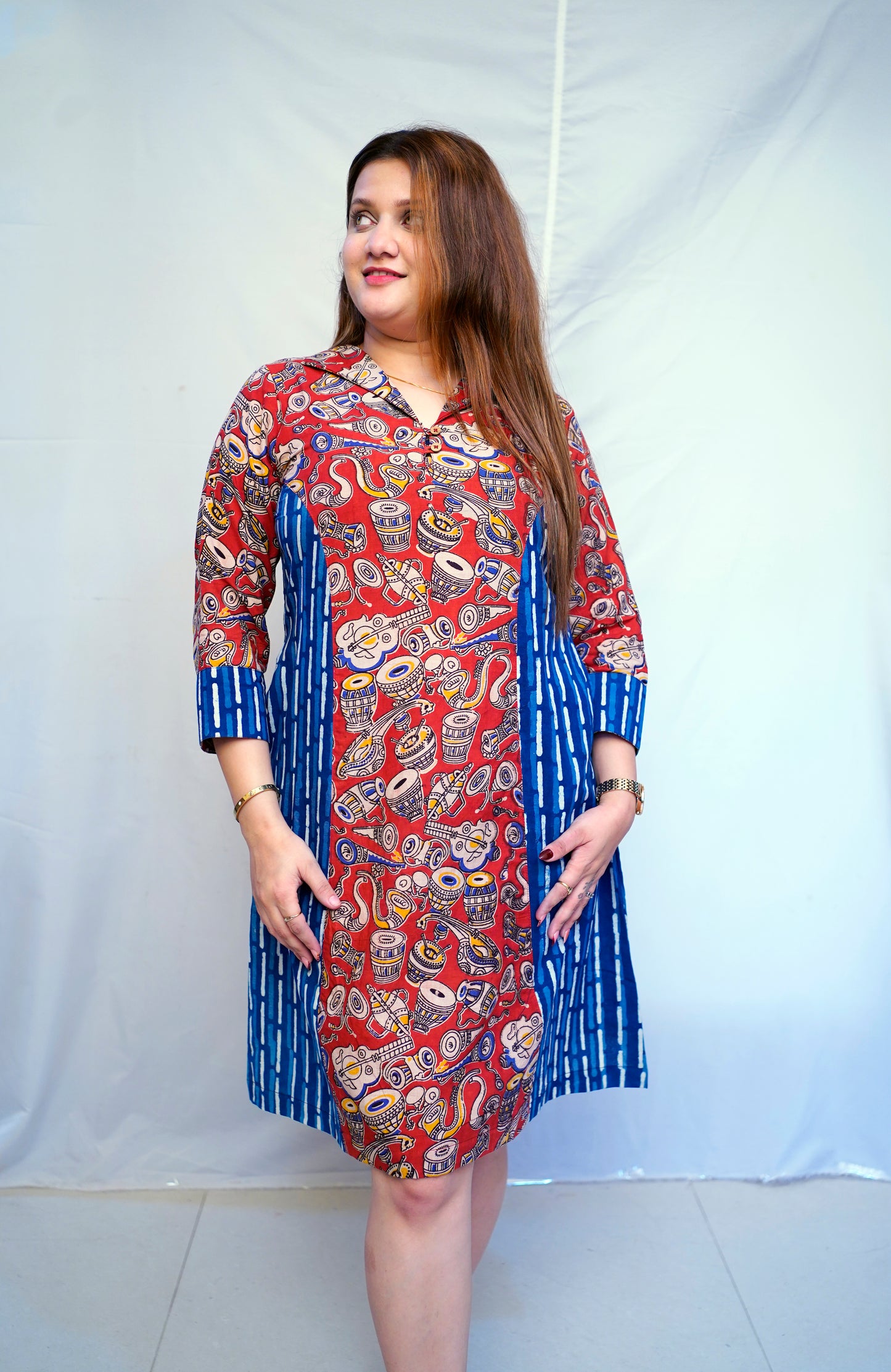 Rooh E Azah Red Kalamkari Handblock  Printed Cotton Knee-Length Dress