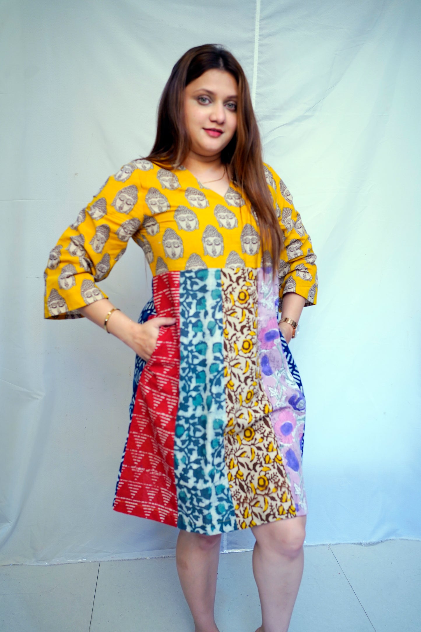 Rooh E Azah 100% Cotton Yellow Kalamkari Handblock Printed Knee-Length Dress