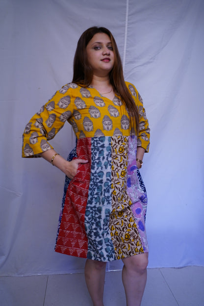 Rooh E Azah 100% Cotton Yellow Kalamkari Handblock Printed Knee-Length Dress