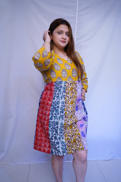 Rooh E Azah 100% Cotton Yellow Kalamkari Handblock Printed Knee-Length Dress