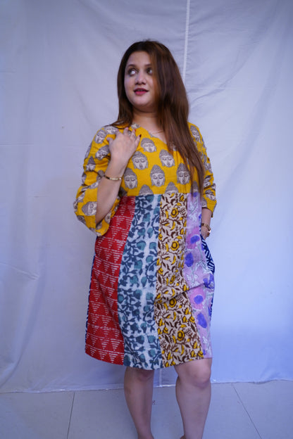 Rooh E Azah 100% Cotton Yellow Kalamkari Handblock Printed Knee-Length Dress
