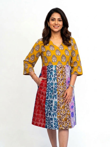 Rooh E Azah 100% Cotton Yellow Kalamkari Handblock Printed Knee-Length Dress