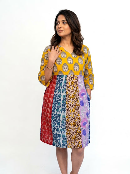 Rooh E Azah 100% Cotton Yellow Kalamkari Handblock Printed Knee-Length Dress