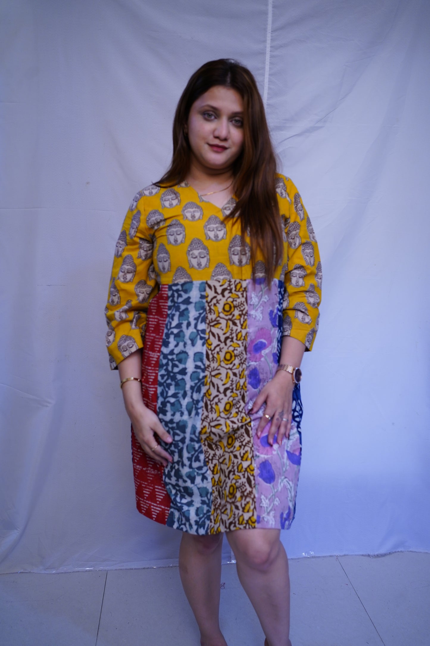 Rooh E Azah 100% Cotton Yellow Kalamkari Handblock Printed Knee-Length Dress