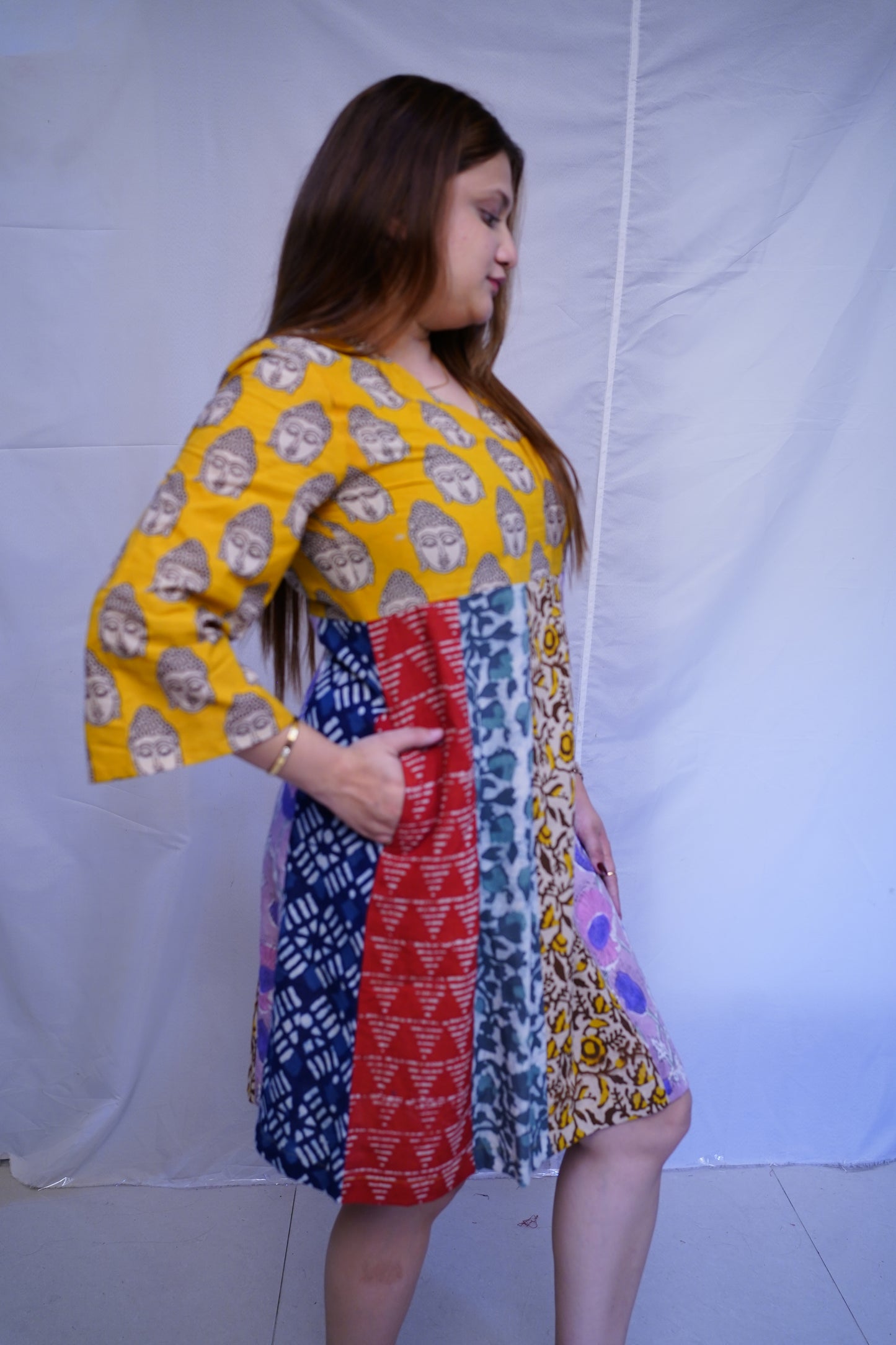 Rooh E Azah 100% Cotton Yellow Kalamkari Handblock Printed Knee-Length Dress