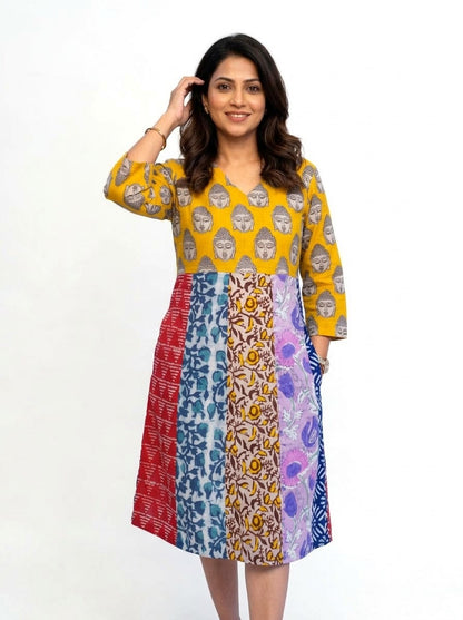 Rooh E Azah 100% Cotton Yellow Kalamkari Handblock Printed Knee-Length Dress