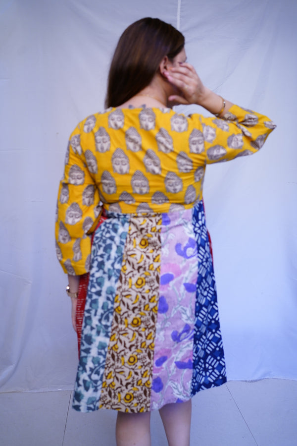 Rooh E Azah 100% Cotton Yellow Kalamkari Handblock Printed Knee-Length Dress