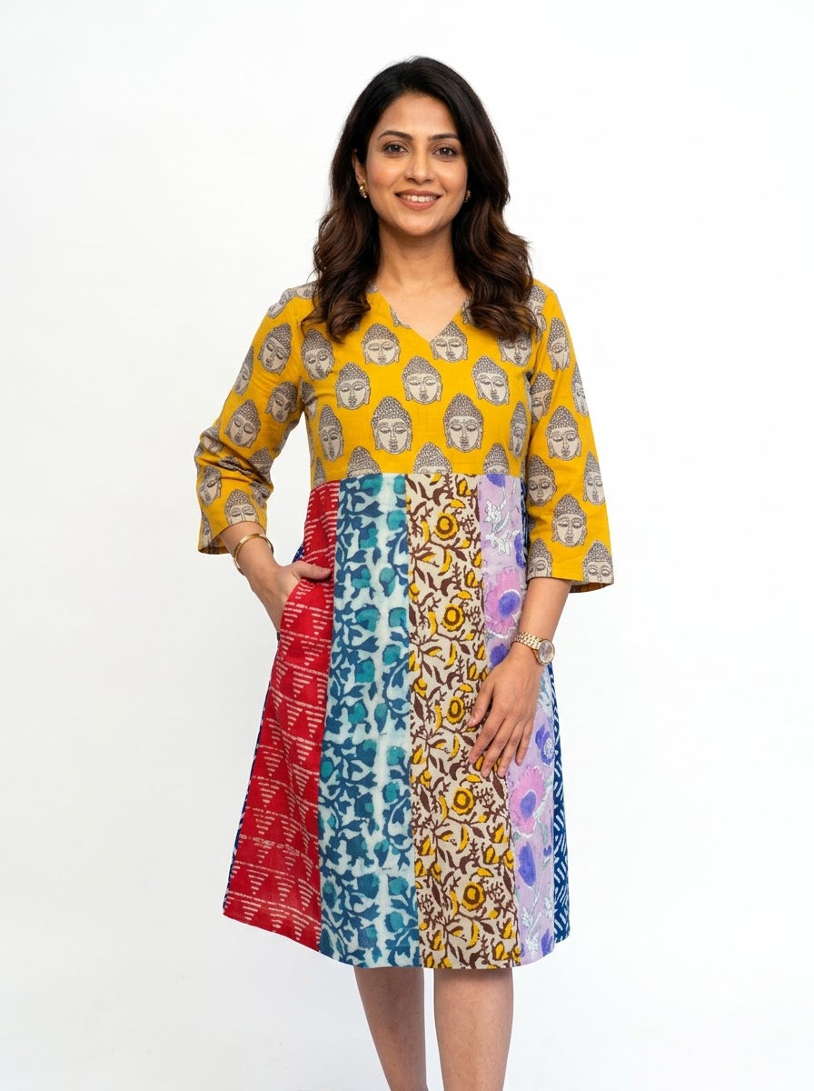 Rooh E Azah 100% Cotton Yellow Kalamkari Handblock Printed Knee-Length Dress