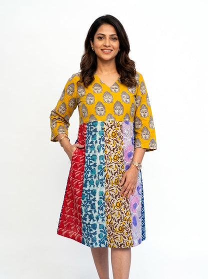 Rooh E Azah 100% Cotton Yellow Kalamkari Handblock Printed Knee-Length Dress