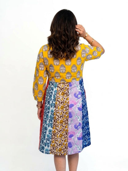 Rooh E Azah 100% Cotton Yellow Kalamkari Handblock Printed Knee-Length Dress