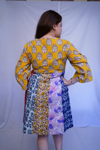 Rooh E Azah 100% Cotton Yellow Kalamkari Handblock Printed Knee-Length Dress