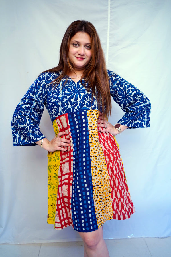 Rooh E Azah Indigo Dabu Handblock Printed Cotton Knee-Length Dress