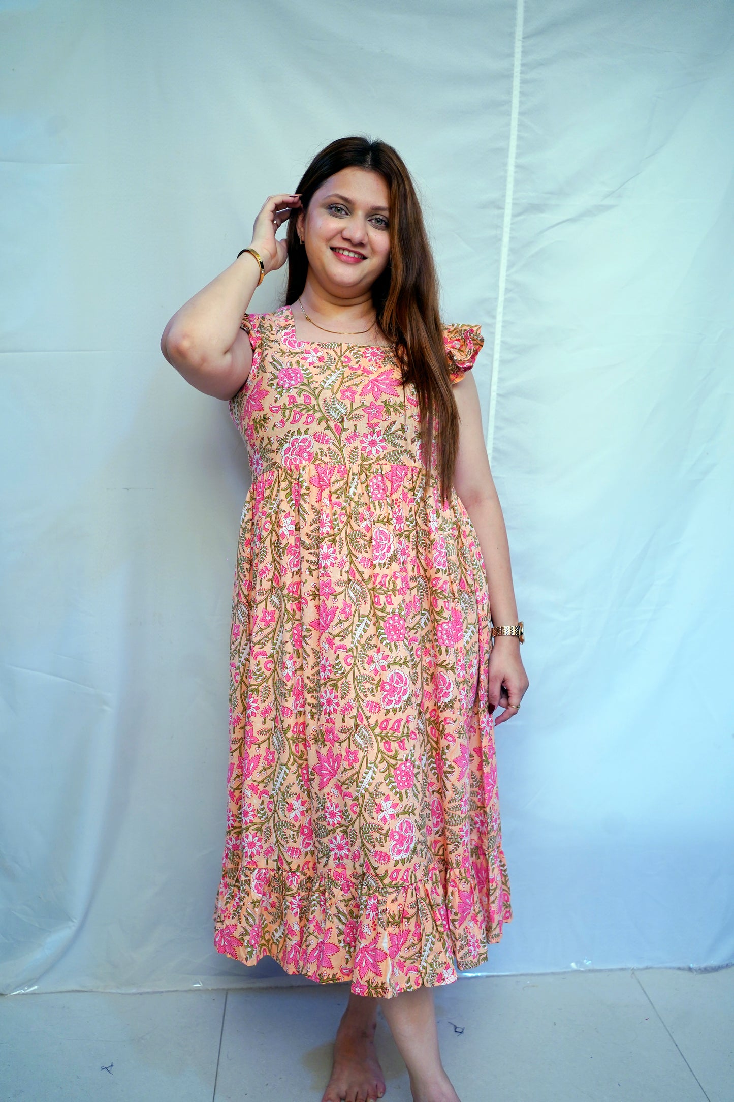 Ethnic Pink Bagru Handblock Printed Mid-Length Dress for Women | Rooh E Azah