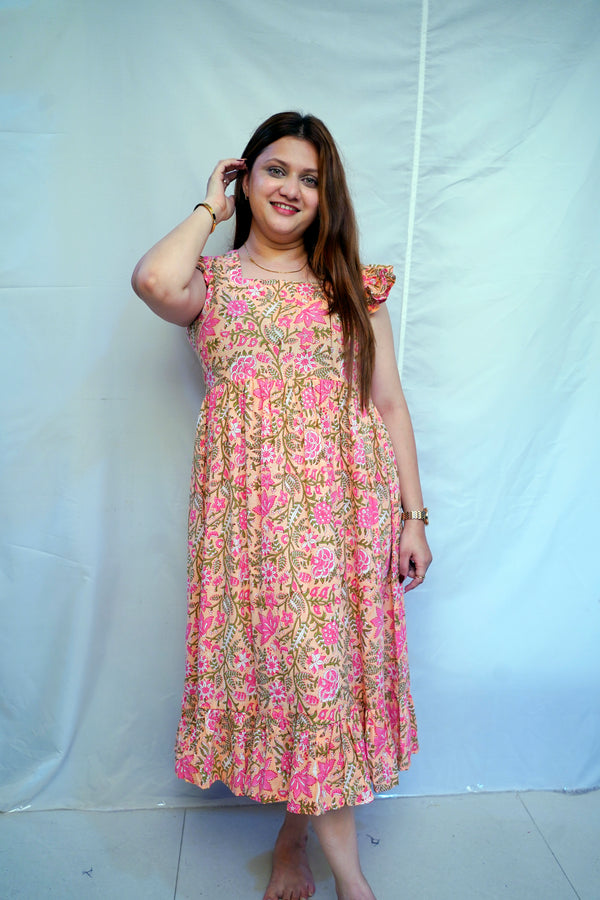 Ethnic Pink Bagru Handblock Printed Mid-Length Dress for Women | Rooh E Azah