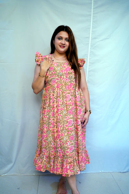 Ethnic Pink Bagru Handblock Printed Mid-Length Dress for Women | Rooh E Azah