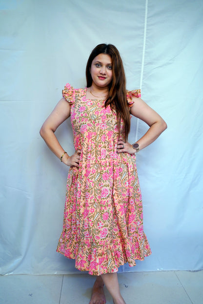 Ethnic Pink Bagru Handblock Printed Mid-Length Dress for Women | Rooh E Azah