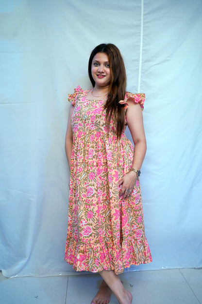 Ethnic Pink Bagru Handblock Printed Mid-Length Dress for Women | Rooh E Azah