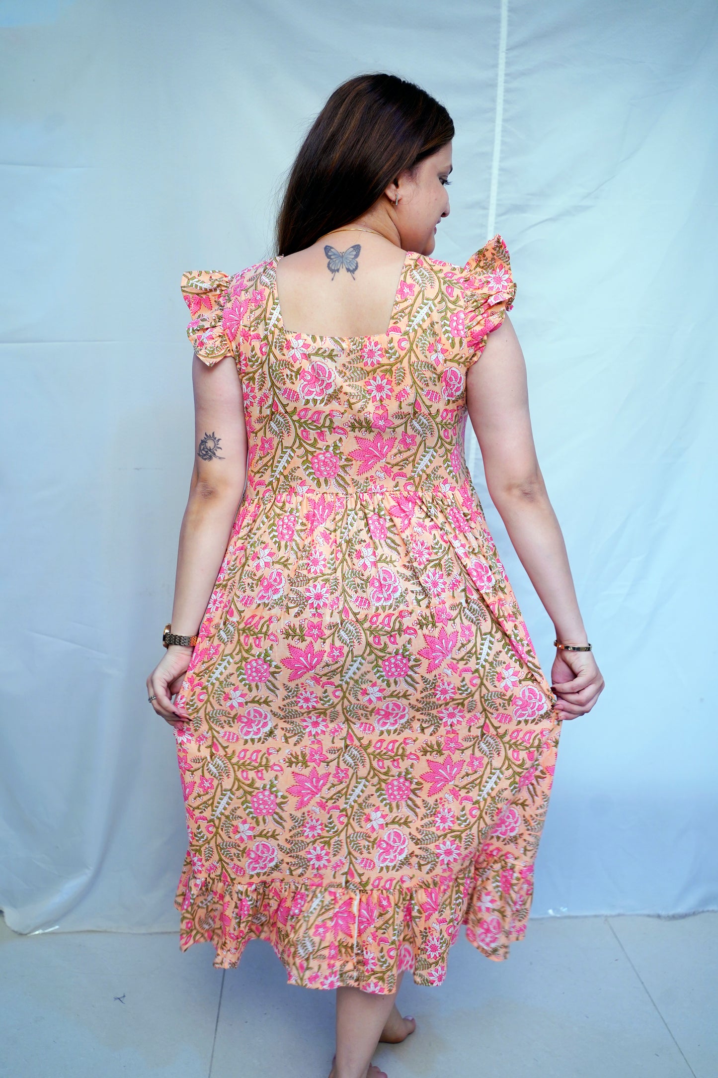 Ethnic Pink Bagru Handblock Printed Mid-Length Dress for Women | Rooh E Azah