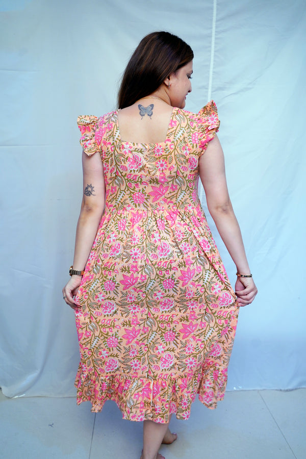 Ethnic Pink Bagru Handblock Printed Mid-Length Dress for Women | Rooh E Azah