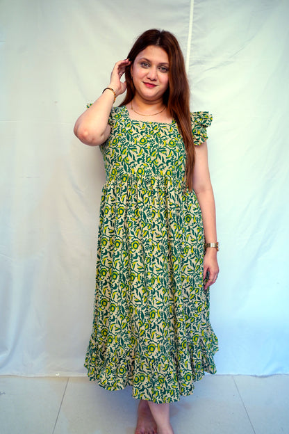 100% Cotton Green Kalamkari Handblock Printed Mid-Length Dress for Women | Rooh E Azah