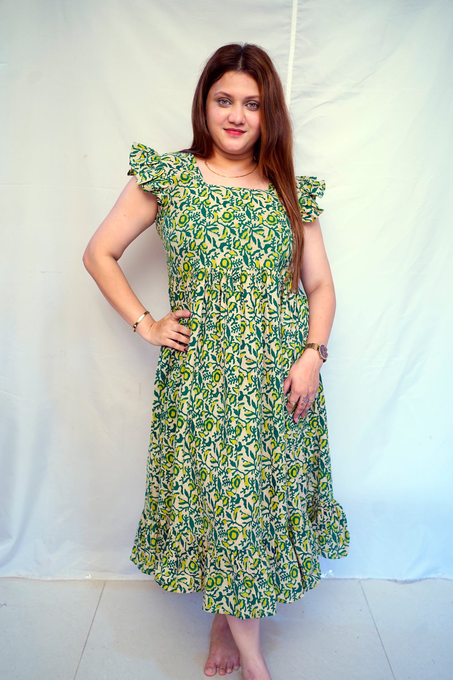 100% Cotton Green Kalamkari Handblock Printed Mid-Length Dress for Women | Rooh E Azah