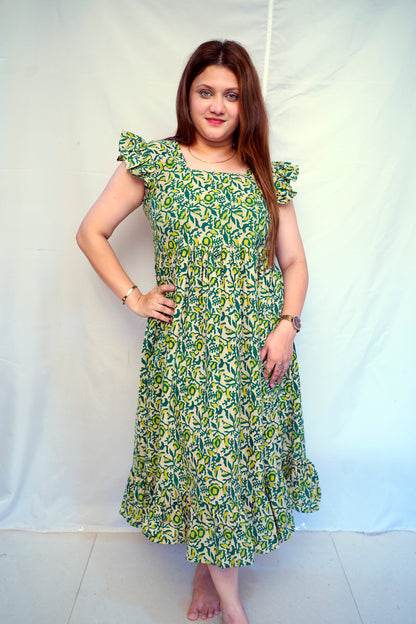 100% Cotton Green Kalamkari Handblock Printed Mid-Length Dress for Women | Rooh E Azah