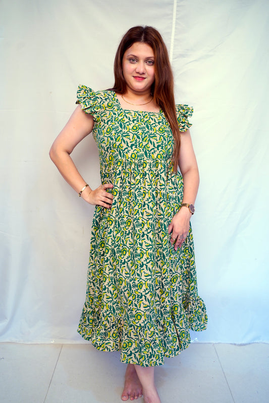 100% Cotton Green Kalamkari Handblock Printed Mid-Length Dress for Women | Rooh E Azah