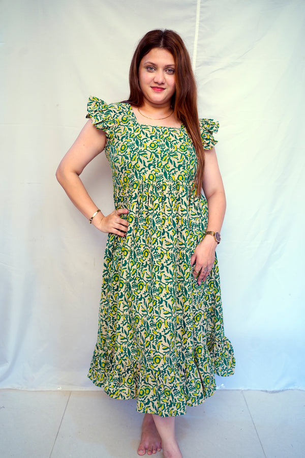 100% Cotton Green Kalamkari Handblock Printed Mid-Length Dress for Women | Rooh E Azah
