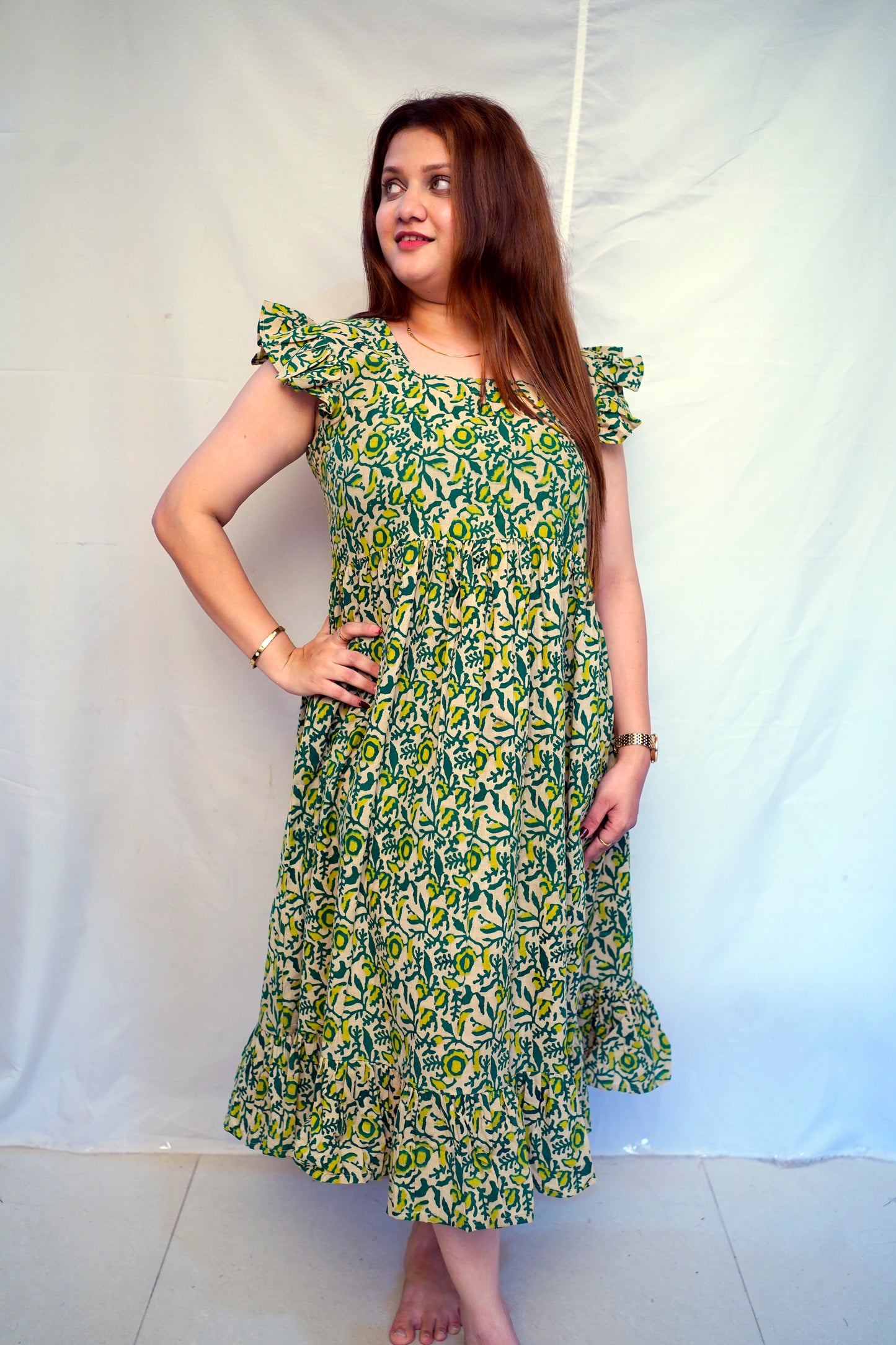 100% Cotton Green Kalamkari Handblock Printed Mid-Length Dress for Women | Rooh E Azah