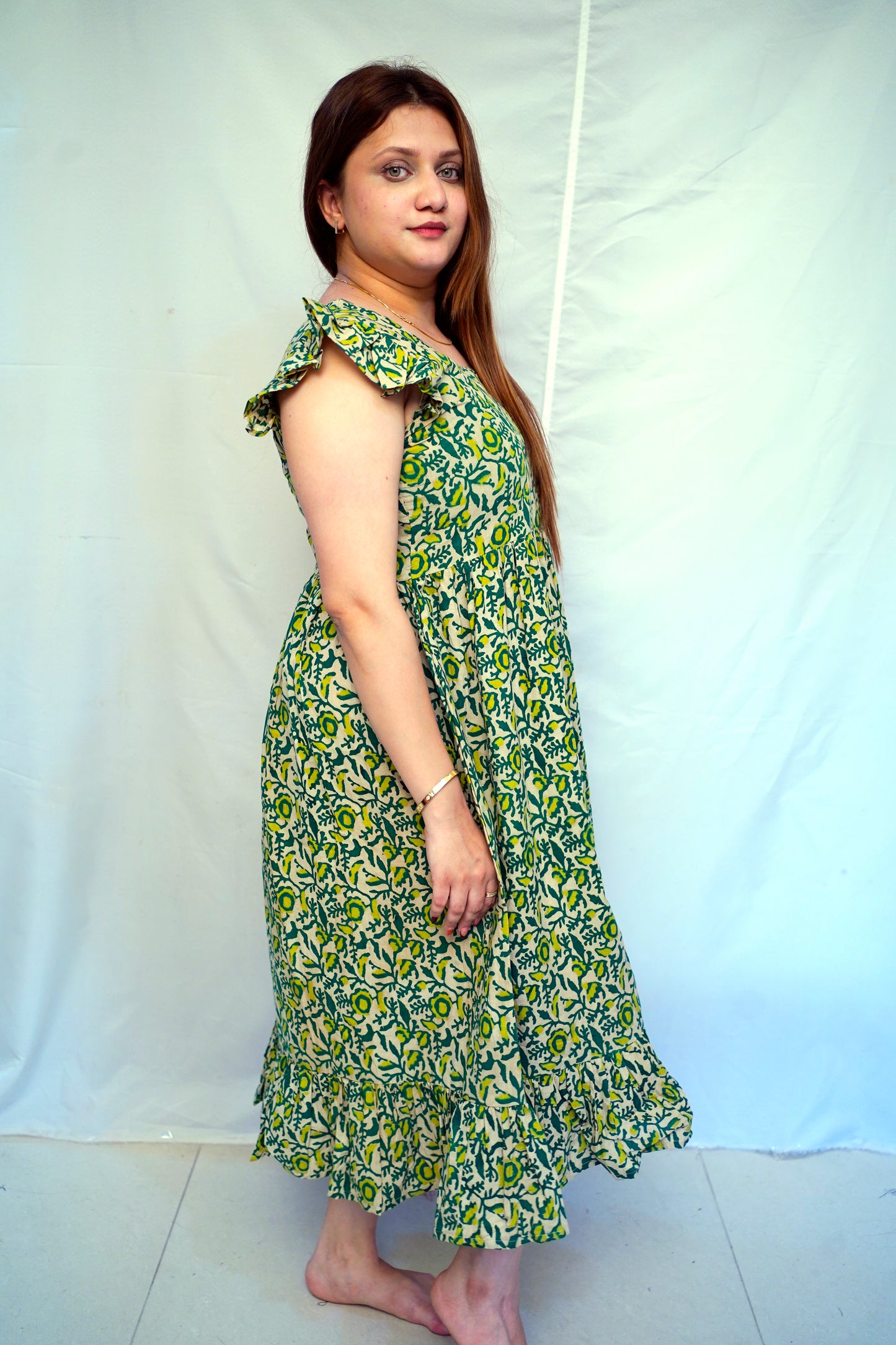100% Cotton Green Kalamkari Handblock Printed Mid-Length Dress for Women | Rooh E Azah