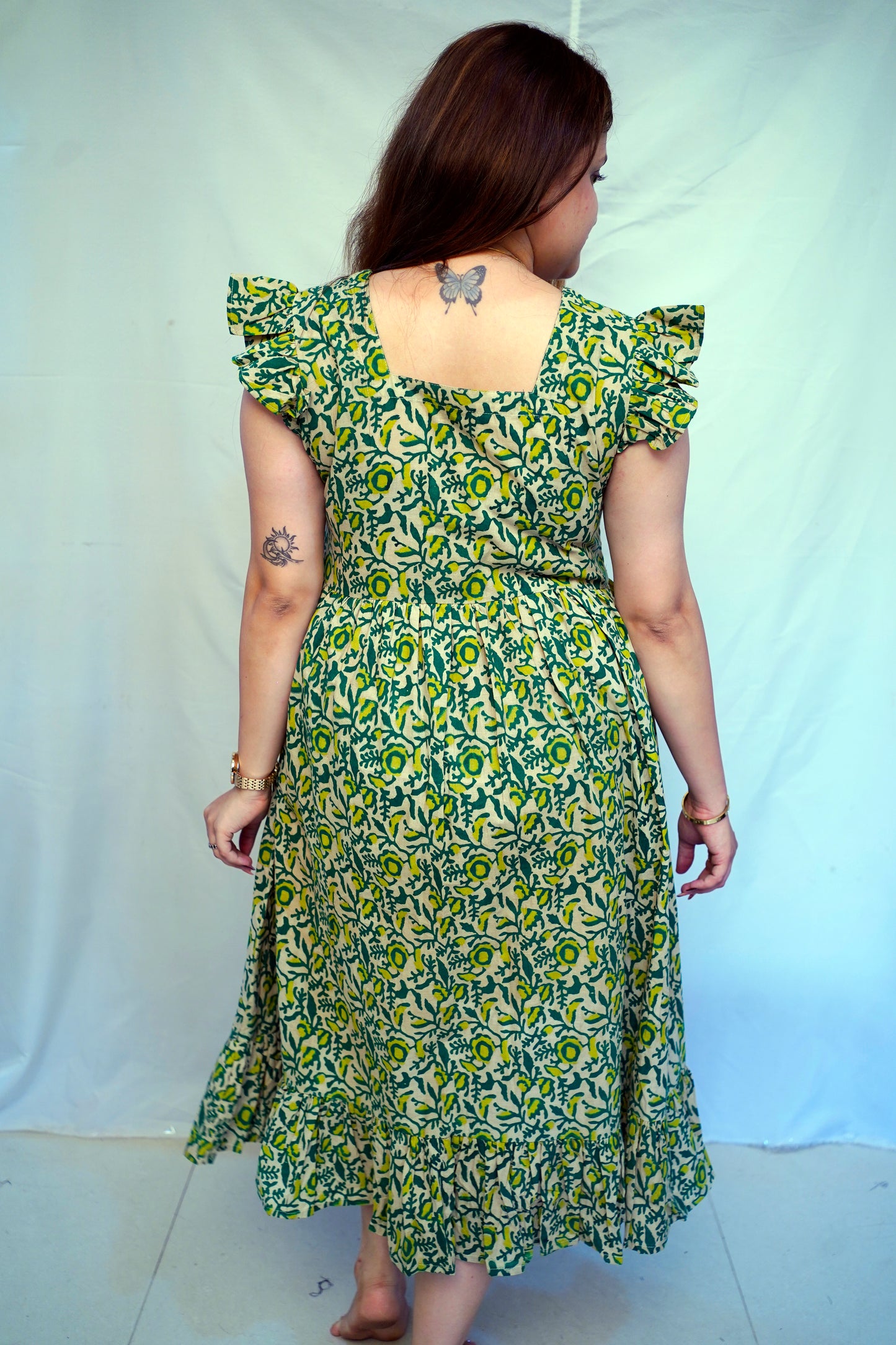 100% Cotton Green Kalamkari Handblock Printed Mid-Length Dress for Women | Rooh E Azah