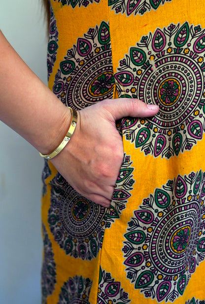 Yellow Kalamkari Handblock Printed Cotton Mid-Length Dress | Rooh E Azah