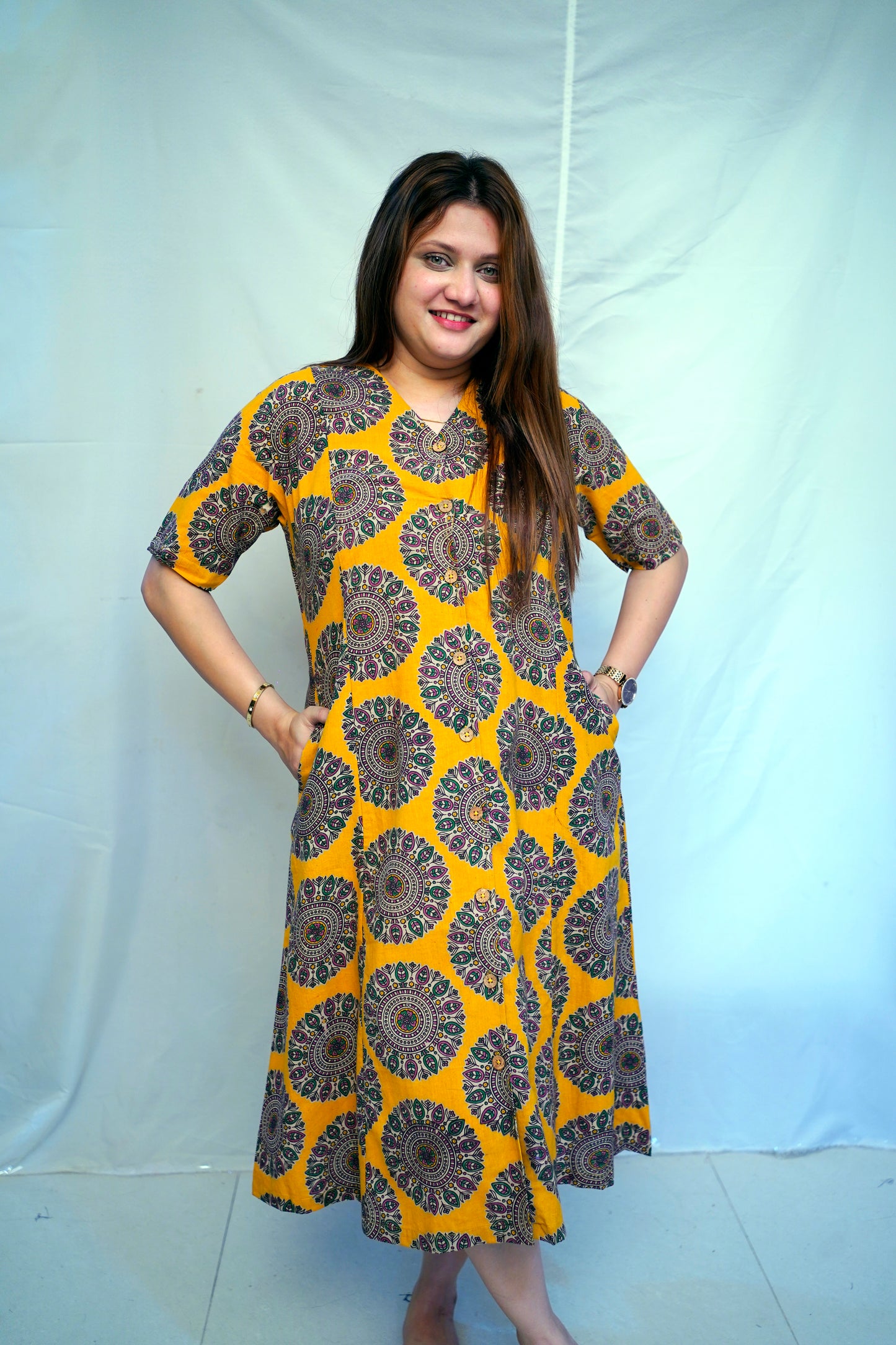 Yellow Kalamkari Handblock Printed Cotton Mid-Length Dress | Rooh E Azah