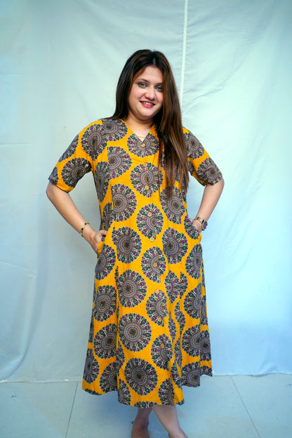 Yellow Kalamkari Handblock Printed Cotton Mid-Length Dress | Rooh E Azah