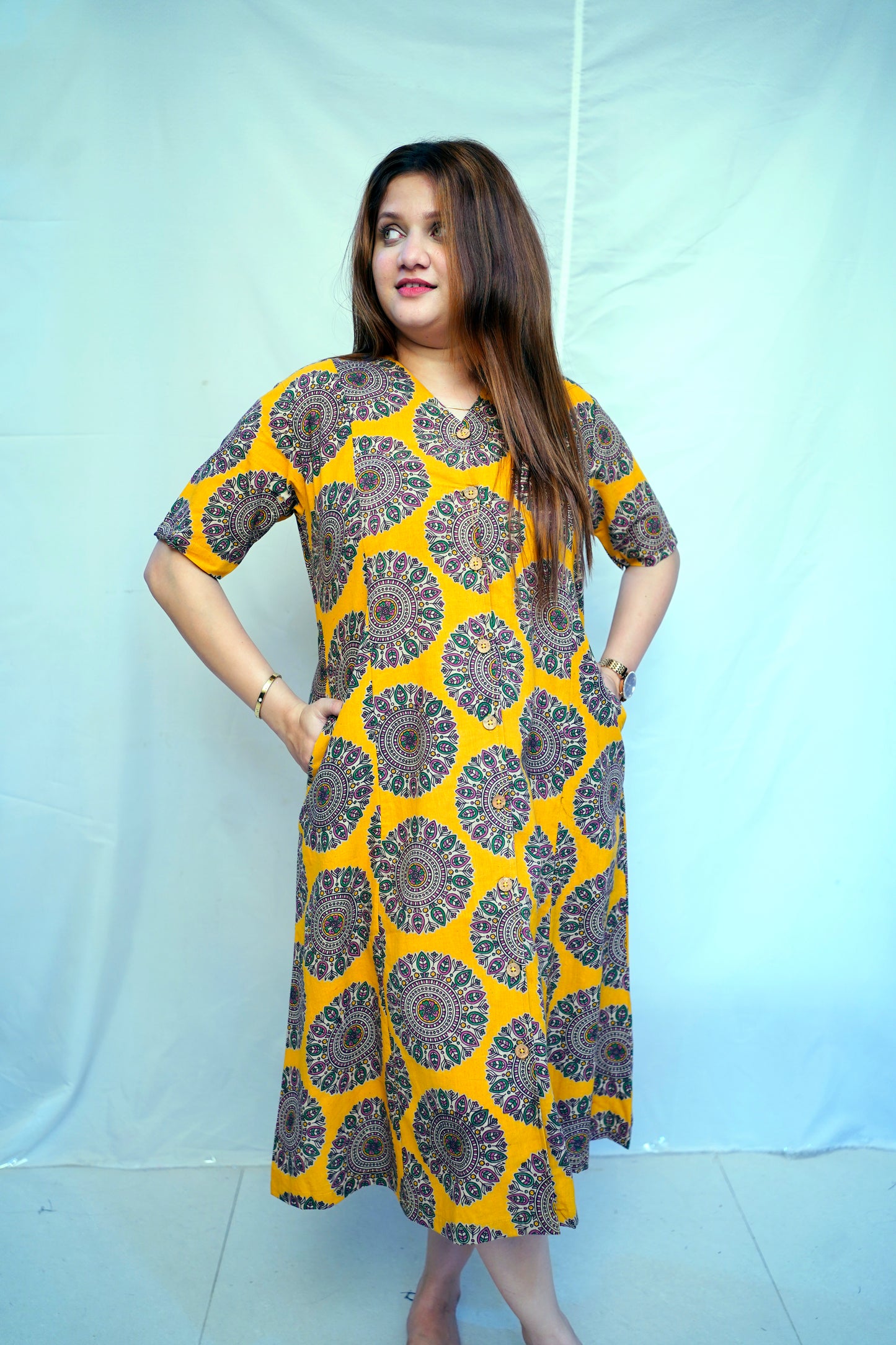Yellow Kalamkari Handblock Printed Cotton Mid-Length Dress | Rooh E Azah