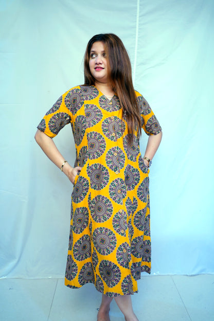 Yellow Kalamkari Handblock Printed Cotton Mid-Length Dress | Rooh E Azah