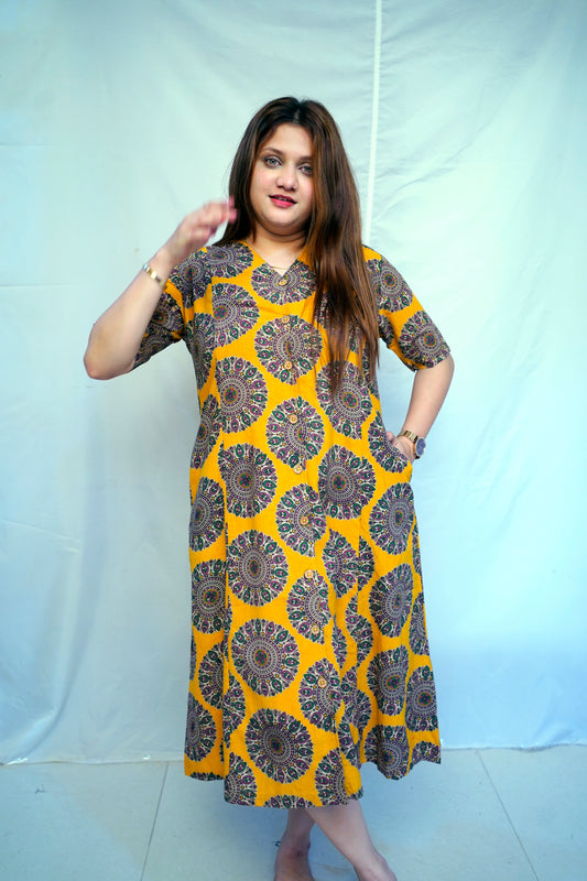 Yellow Kalamkari Handblock Printed Cotton Mid-Length Dress | Rooh E Azah